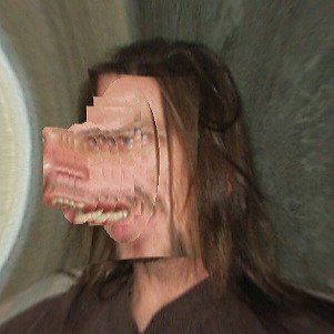 Distorted portrait of a person with long brown hair against a gray background