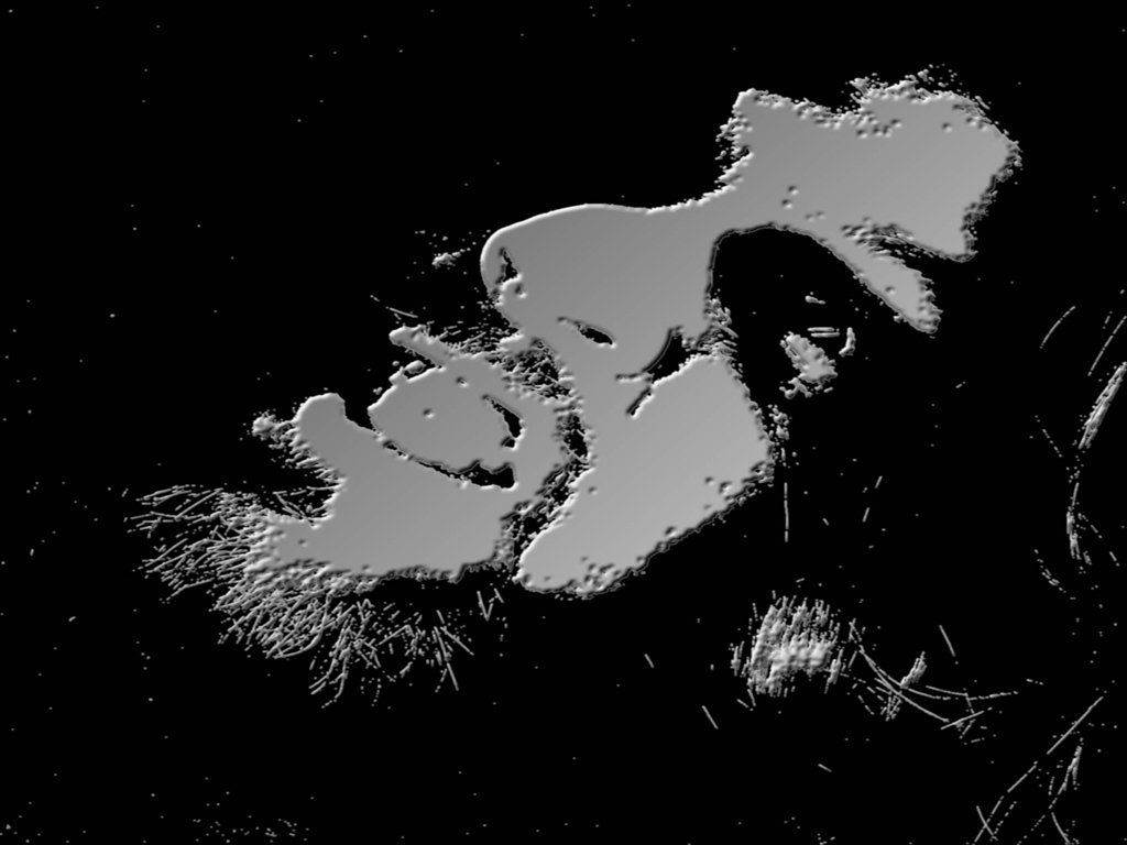 Black-and-white abstract image with bright white shapes on a dark background