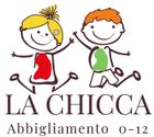 Logo per La Chicca Moda Bimbi, con due bambini stilizzati e bordi circolari colorati.