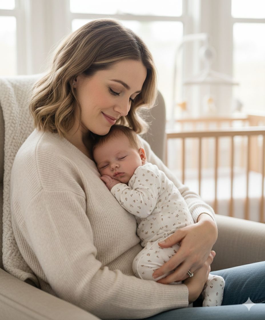 Una donna tiene in braccio un bambino addormentato in una cameretta luminosa accanto a una culla