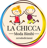 Logo per La Chicca Moda Bimbi, con due bambini stilizzati e bordi circolari colorati.