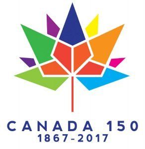 Colorful maple leaf logo celebrating Canada's 150th anniversary, featuring the text