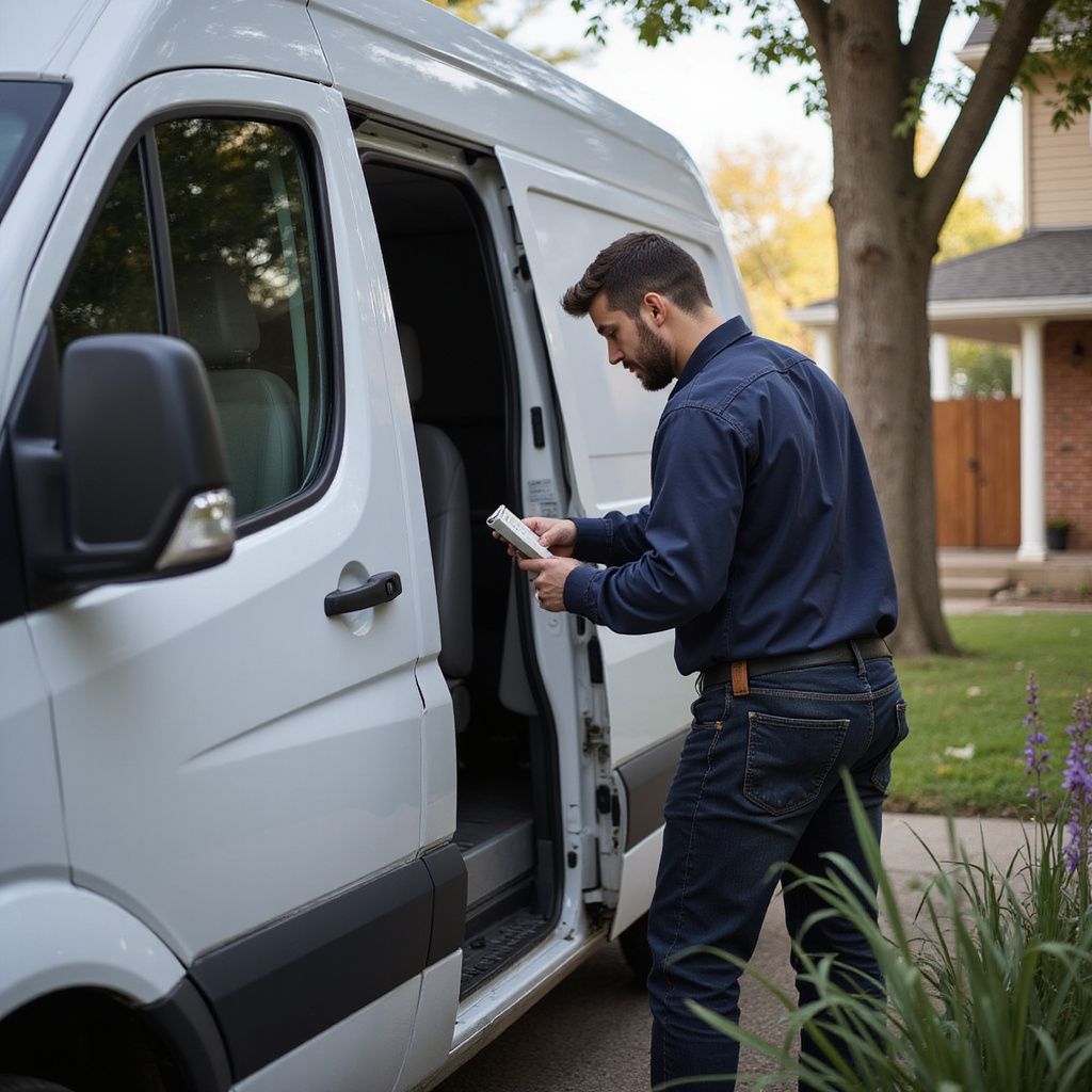 Man in blue shirt and jeans standing next to a white van, holding a tablet.