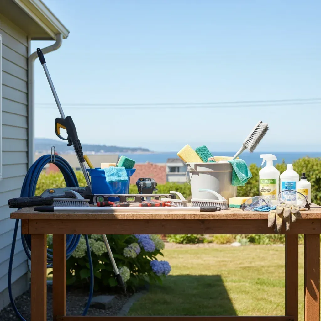 Garden workbench with cleaning supplies and tools on a sunny seaside patio