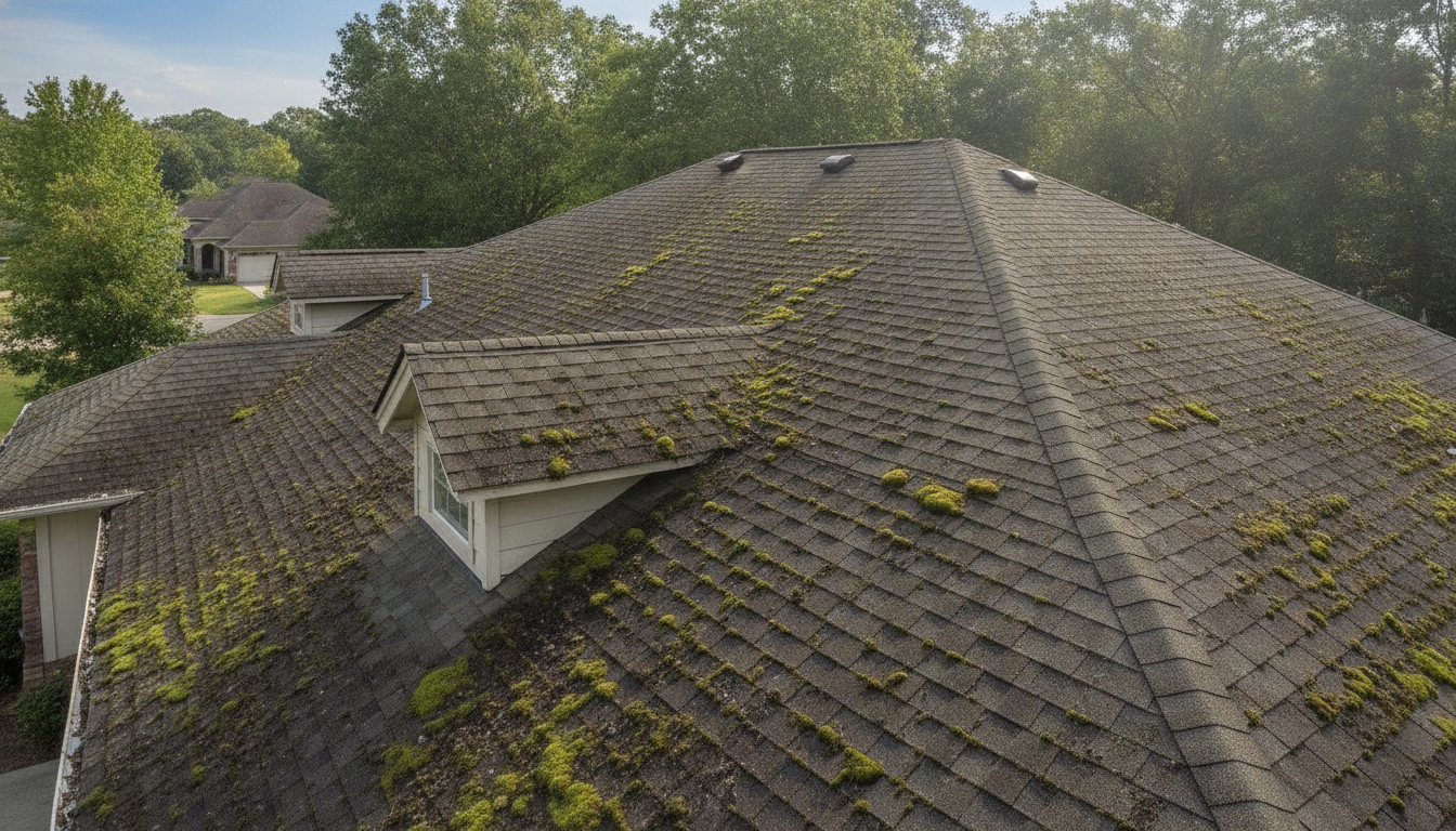 Moss-covered shingled roof of a house surrounded by green trees