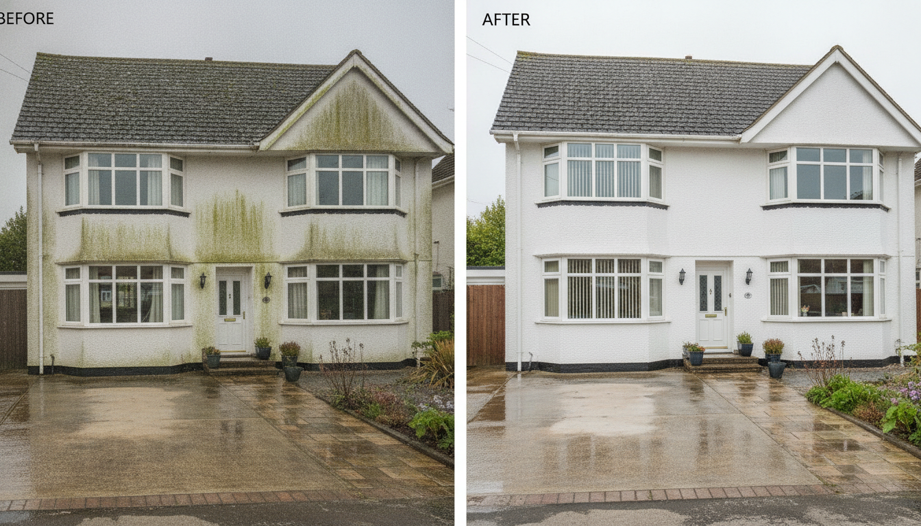 Before-and-after view of a semi-detached house exterior with a driveway, showing dirty and cleaned facades.