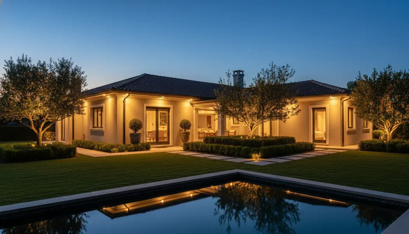 Luxury single-story house at dusk with warm lights reflecting in a backyard pool