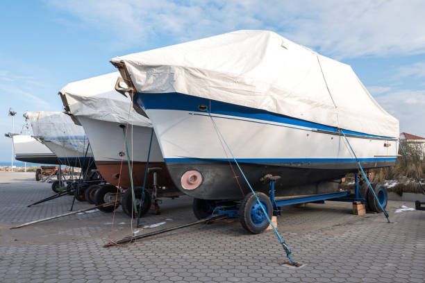 Onshore-stored motorboats.