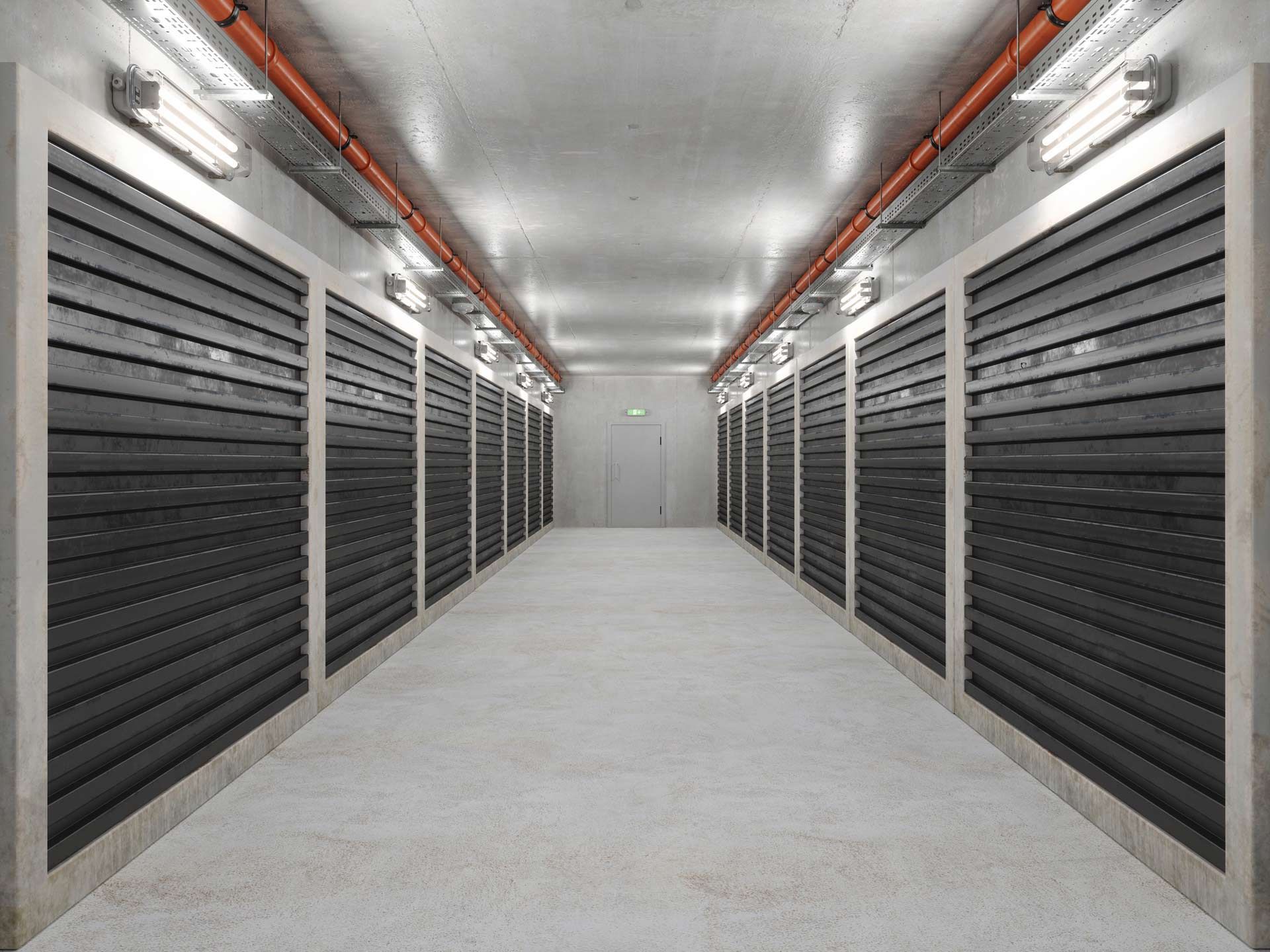 Empty hallway lined with self-storage units ready for secure, easy access.