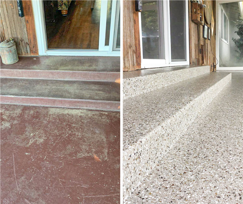 A before and after picture of a porch with steps