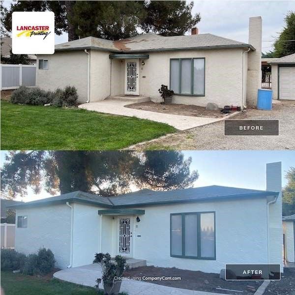 A before and after picture of a house painted white