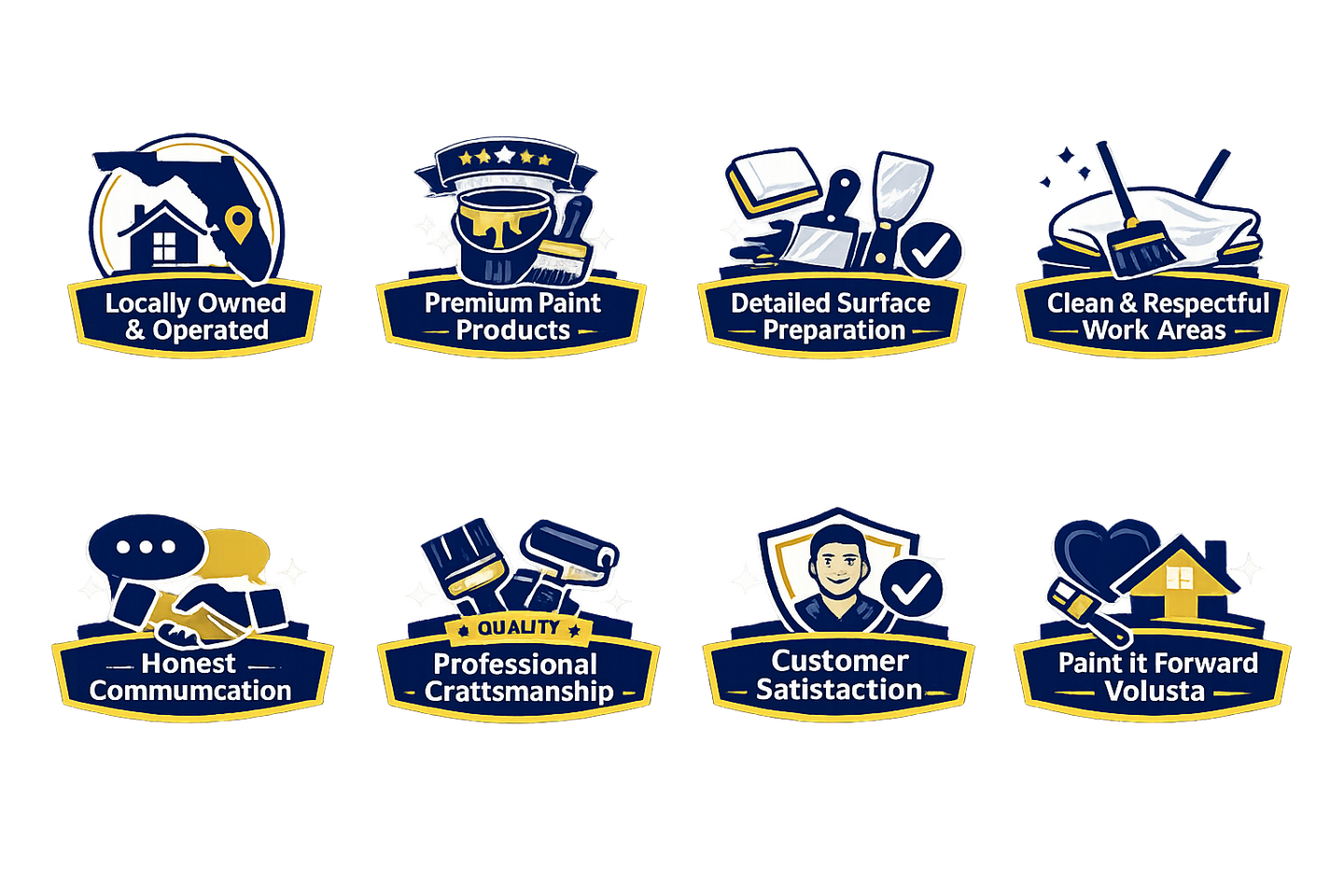 Atlantic Finish painting company showcasing core values including locally owned service, premium paint products, detailed surface preparation, professional craftsmanship, customer satisfaction, and community involvement through Paint It Forward Volusia.