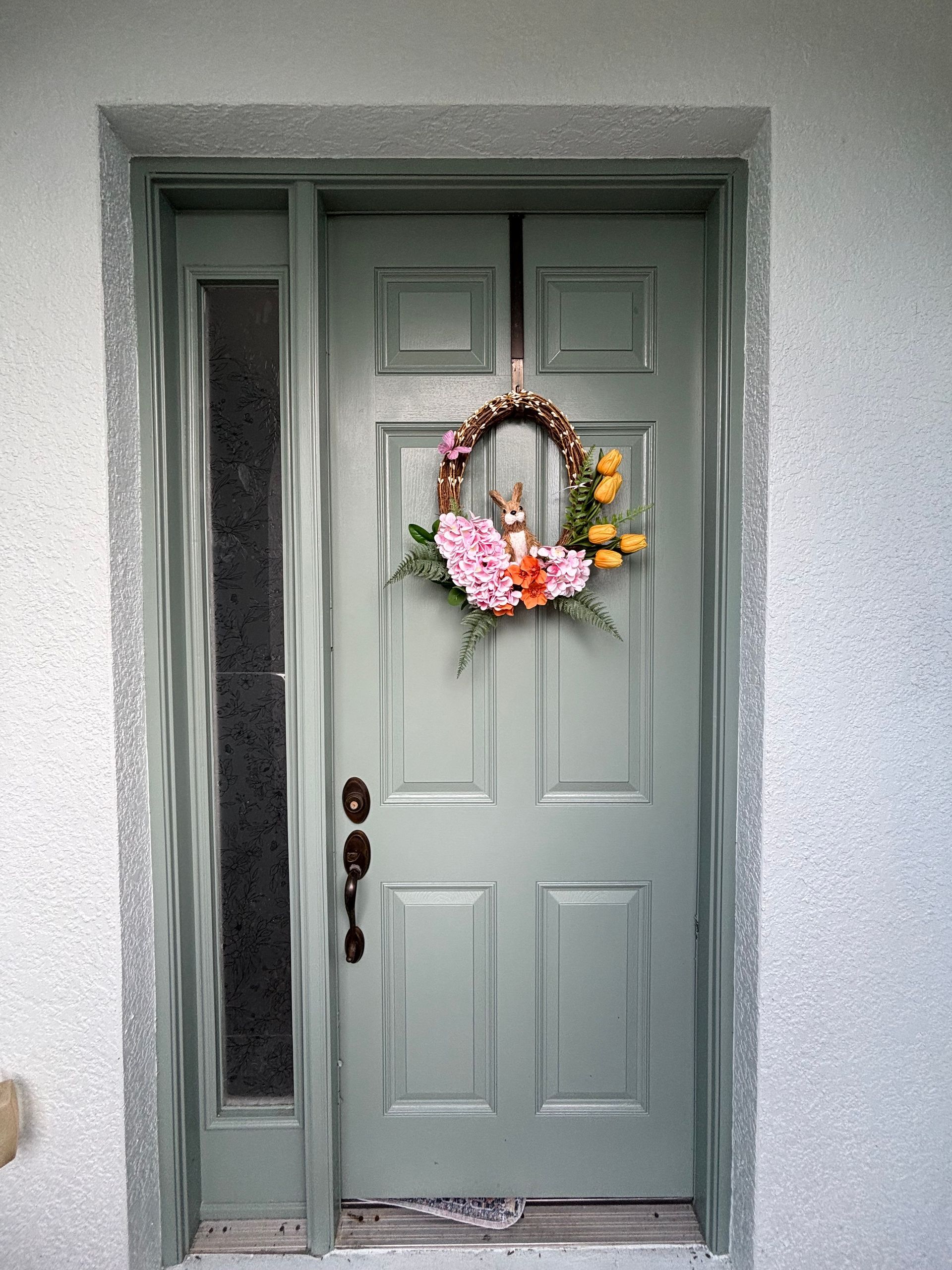 Restored front entry door after professional refinishing and painting in DeLand