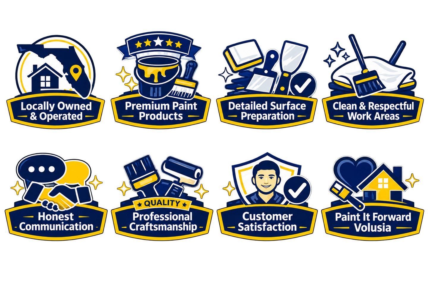 Atlantic Finish painting company showcasing core values including locally owned service, premium paint products, detailed surface preparation, professional craftsmanship, customer satisfaction, and community involvement through Paint It Forward Volusia.