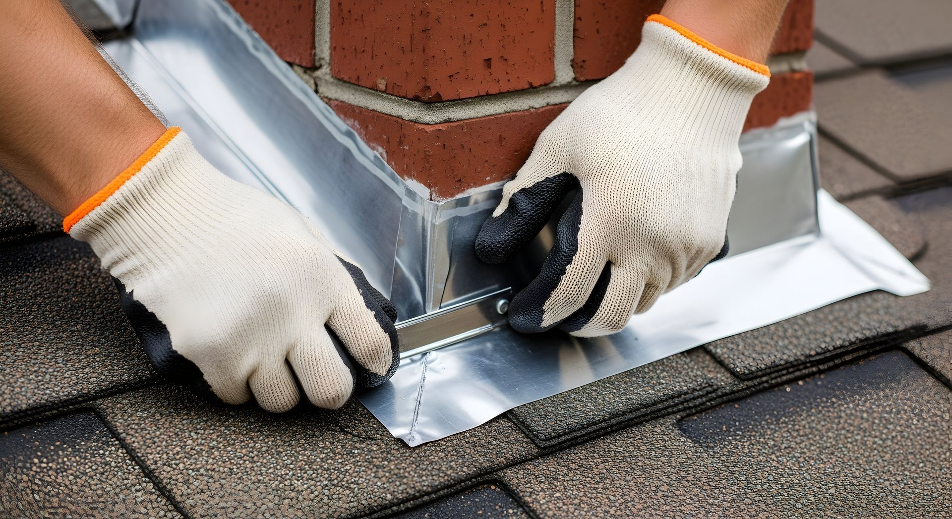 Hands wearing gloves installing metal flashing around a brick chimney on a shingled roof.