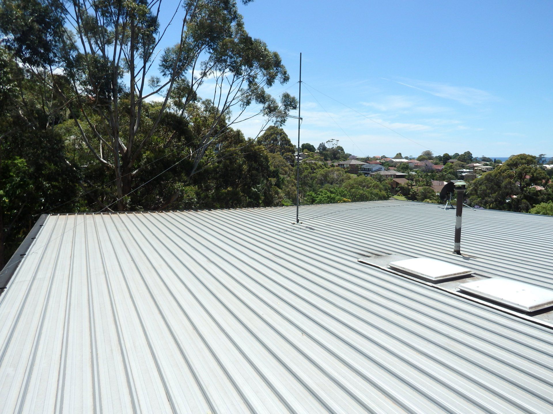 Metal roof with curved ridges, sky lights, and antenna, trees in the background, blue sky.