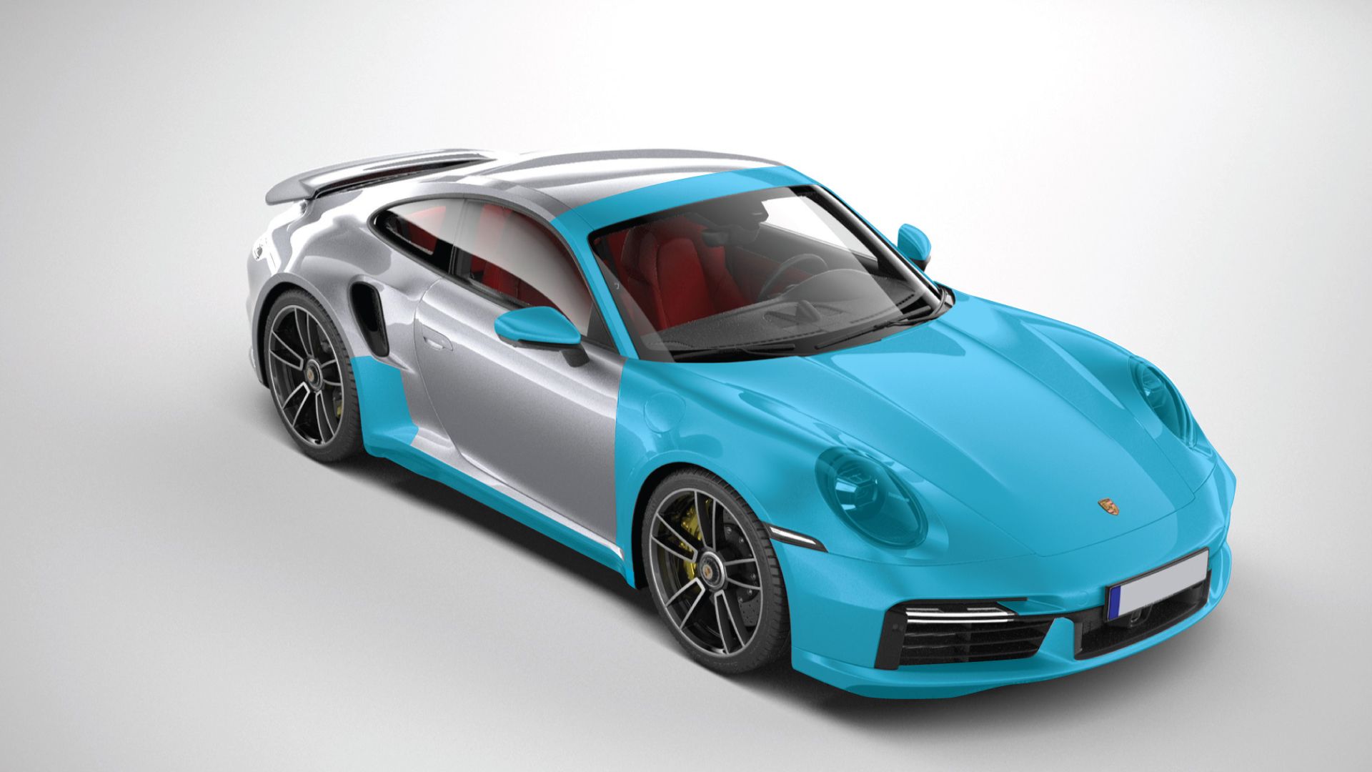 Blue and silver sports car on a white background, shown in a front three-quarter view.