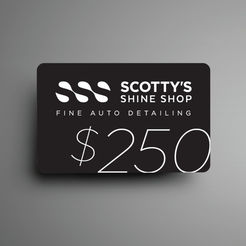 Black business card for Scotty’s Shine Shop, Fine Auto Detailing, with $250 in large white text on gray background