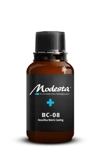 Brown Modesta BC-08 bottle with black cap and label on a white background