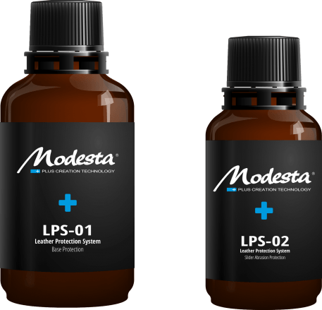 Two amber supplement bottles labeled Modesta LPS-01 and LPS-02 on a white background