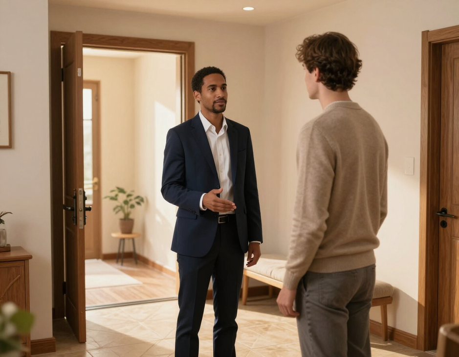 Staff member greeting a visitor at the residence entry