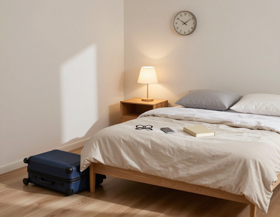 Calm furnished bedroom prepared for a new resident
