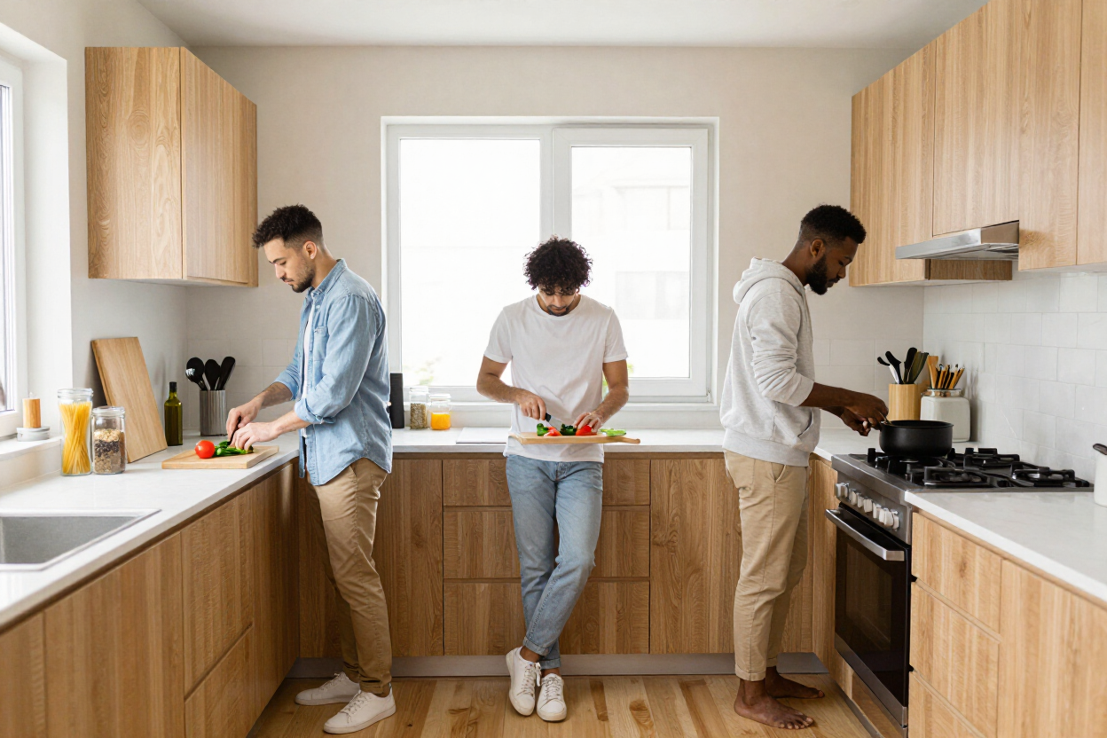 Residents preparing a meal in a shared kitchen