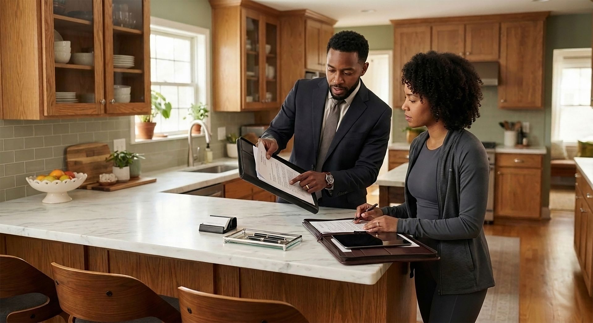 Staff member speaking with a guest at a kitchen table