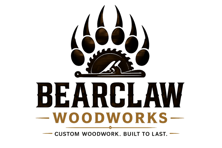 Bearclaw Woodworks logo with bear paw and saw blade icon in black and brown on white background