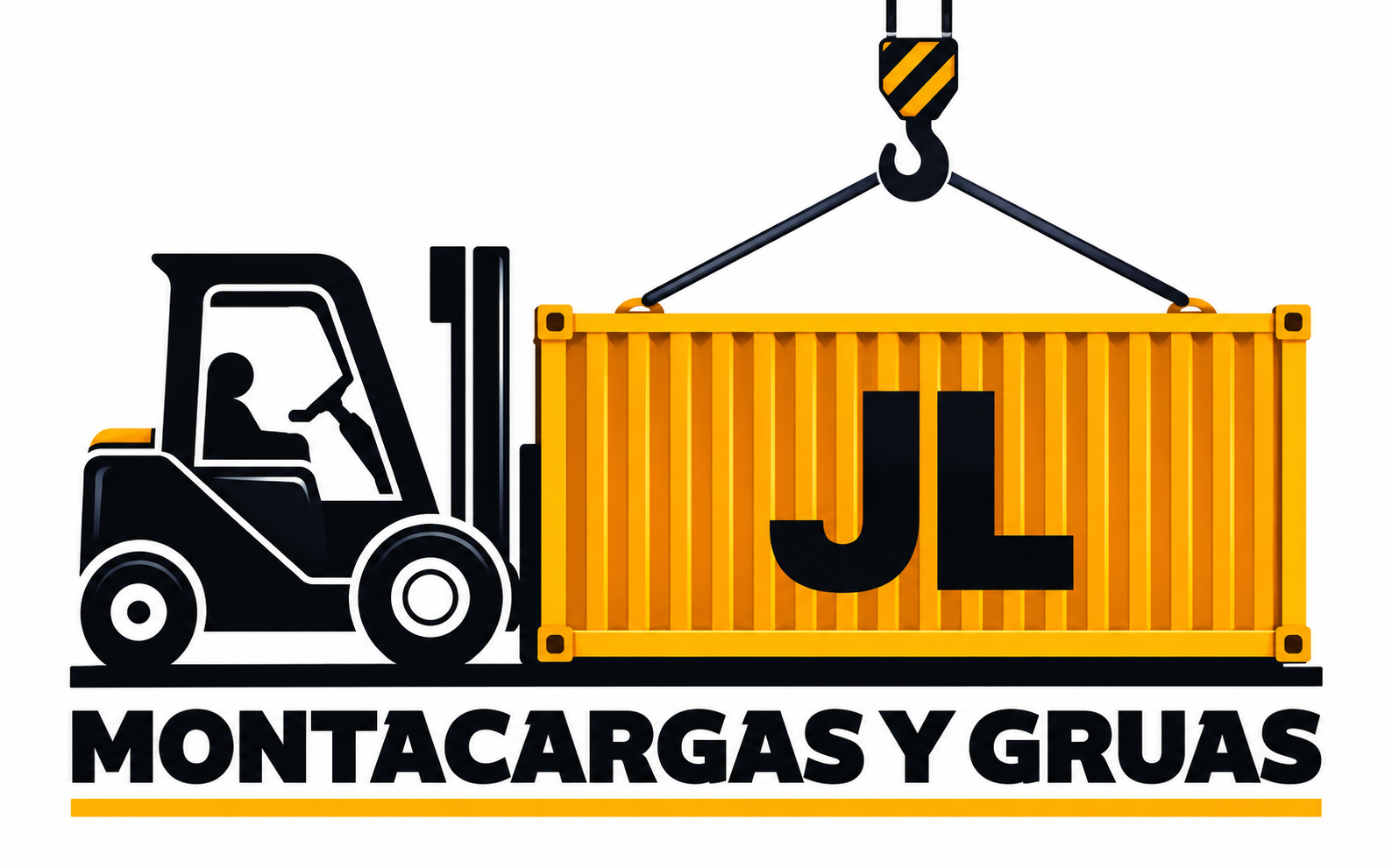 Montacargas levantando un contenedor de envío amarillo con la etiqueta “JL” y el texto “MONTACARGAS Y GRUAS” debajo.