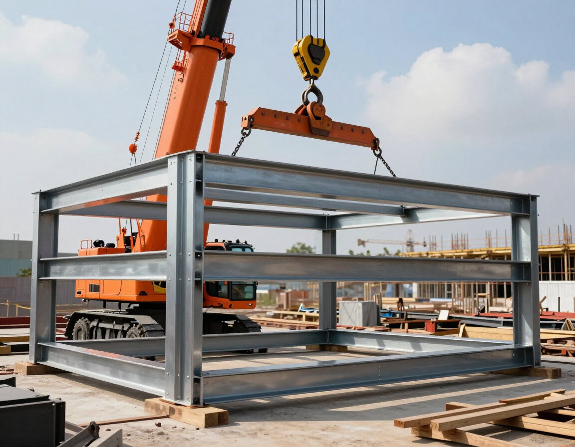 Grúa levantando una gran estructura de acero en una obra de construcción.