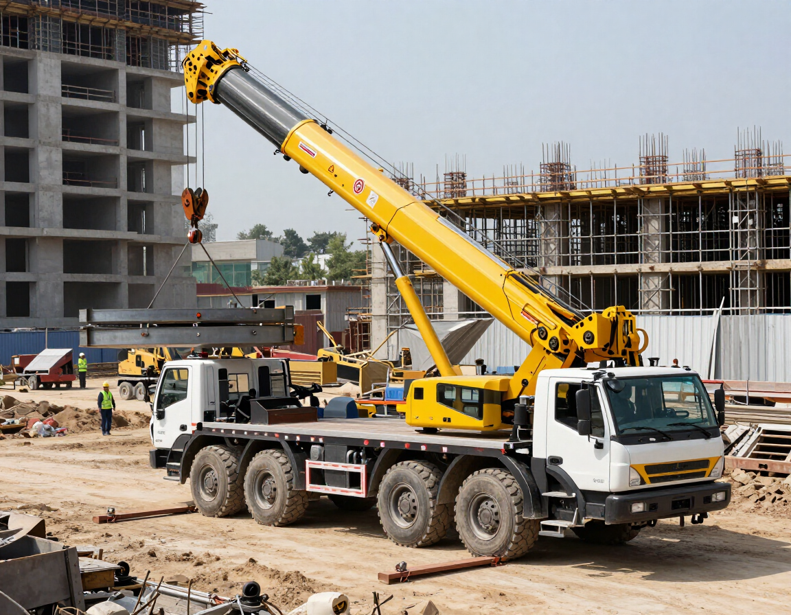 Camión grúa amarillo en una obra en construcción con edificios sin terminar al fondo.