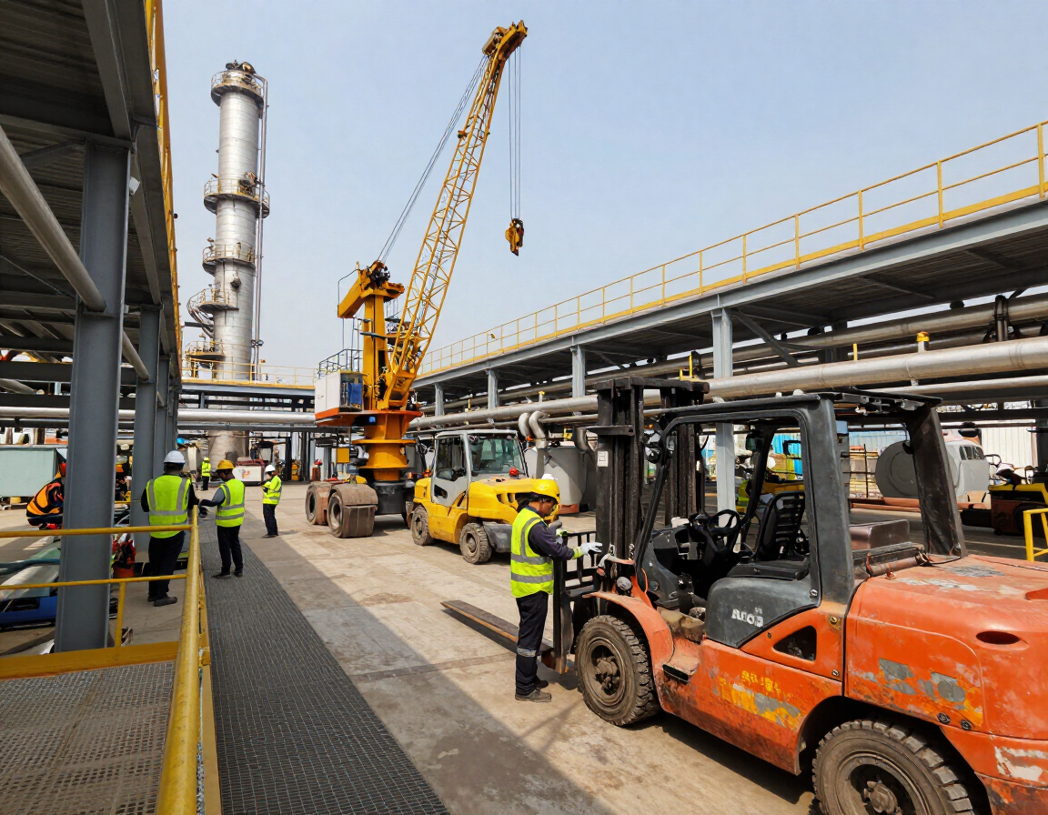 Planta industrial con trabajadores, grúas y carretillas elevadoras bajo tuberías metálicas y pasarelas.