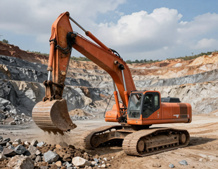 Excavadora naranja excavando en una cantera rocosa bajo un cielo nublado.