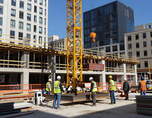 Obreros de la construcción con chalecos de seguridad en una obra junto a una grúa amarilla y una estructura de hormigón sin terminar.