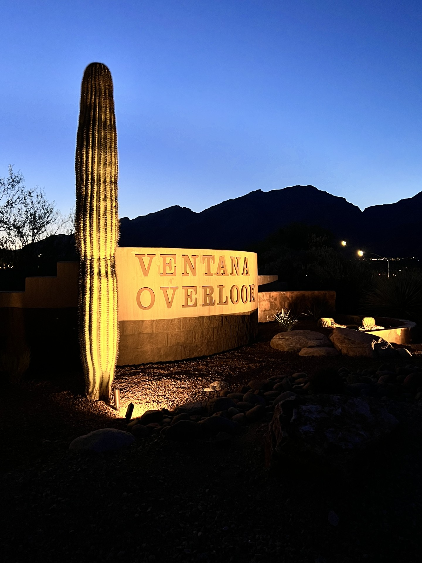 Ventana Overlook sign at dusk, illuminated by spotlights, with a saguaro cactus in the foreground and mountains in the background.
