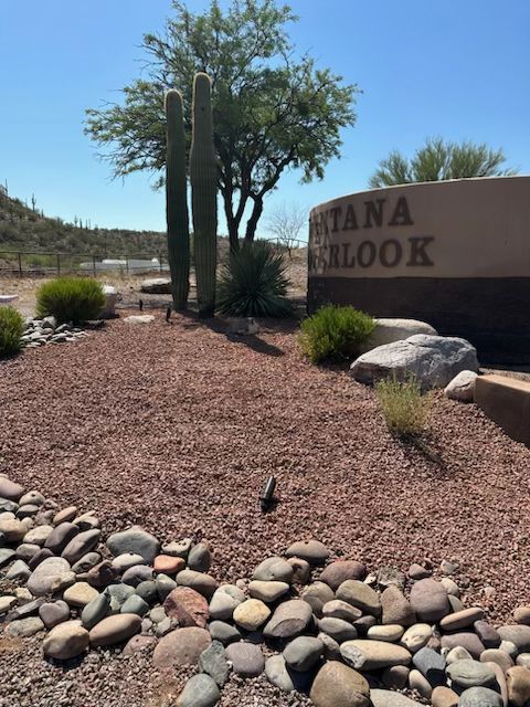 Entrance sign for Montana Look, with cactus and desert landscaping.