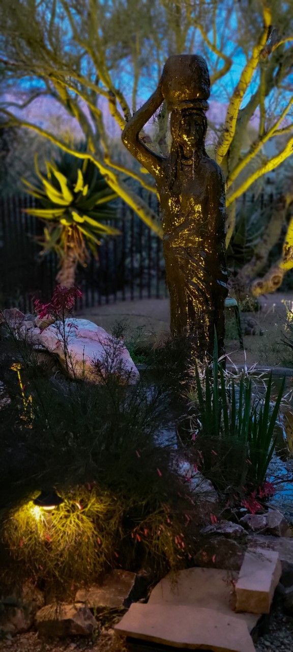 Bronze statue in a garden, lit at night. Tall tree with yellow lights behind statue, plants and rock foreground.