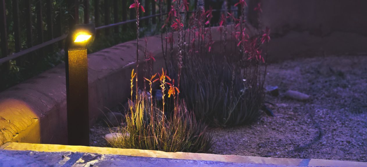Illuminated garden bed at night. A black post light glows, lighting flowers and gravel.