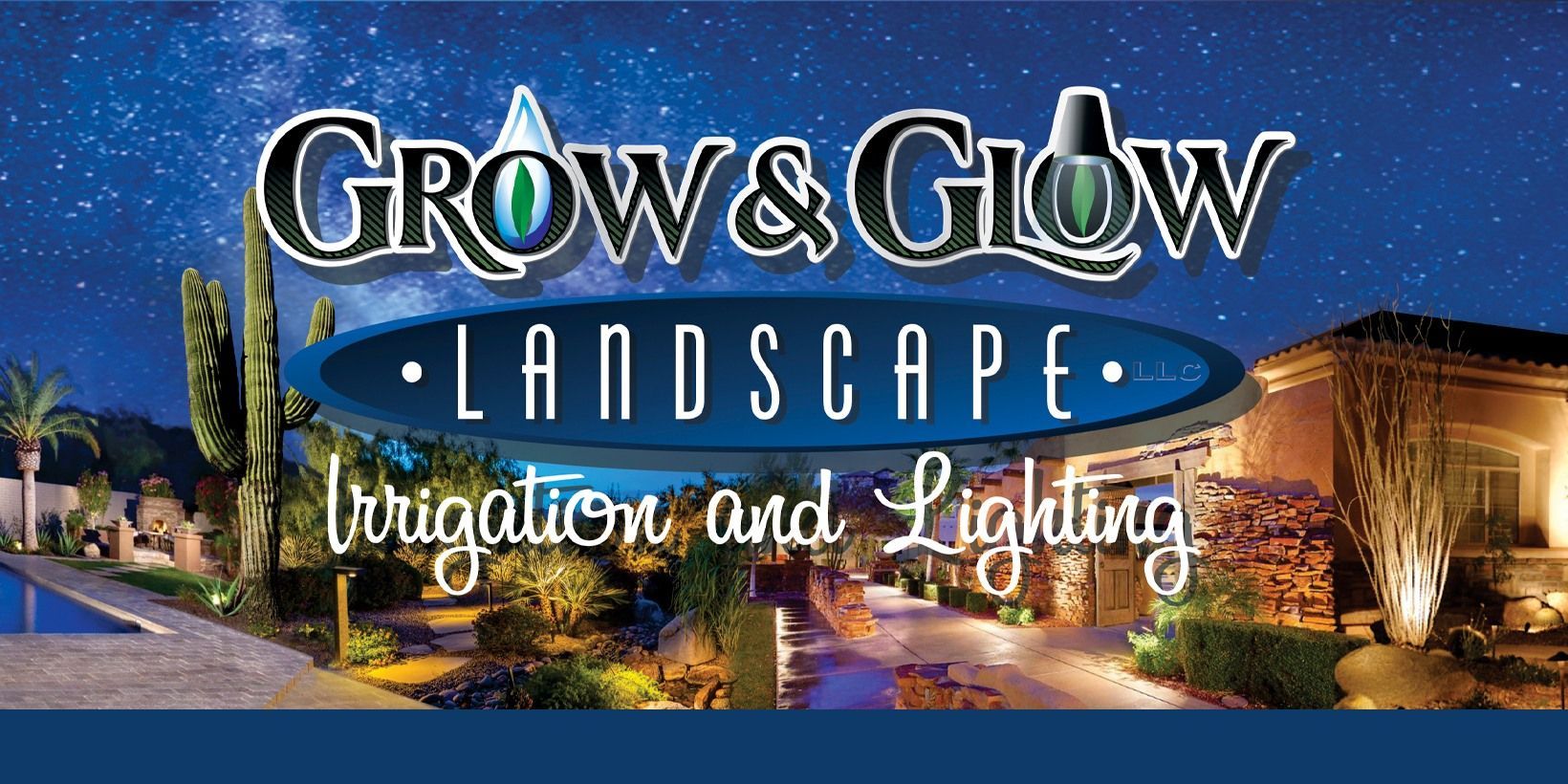 Grow & Glow Landscape logo, night scene with lit landscaping, pool, and starry sky. Irrigation and lighting services.