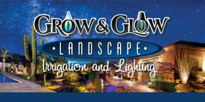 Grow & Glow Landscape logo, night scene with lit landscaping, pool, and starry sky. Irrigation and lighting services.