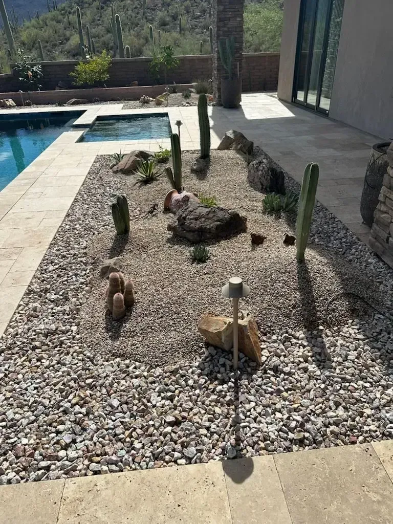 Desert landscape with cacti, rocks, and gravel near a pool.