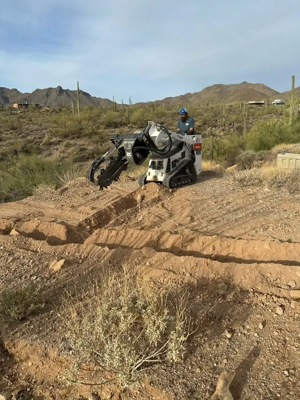 Person driving a tracked vehicle on a dirt path in a desert landscape with cacti and mountains.
