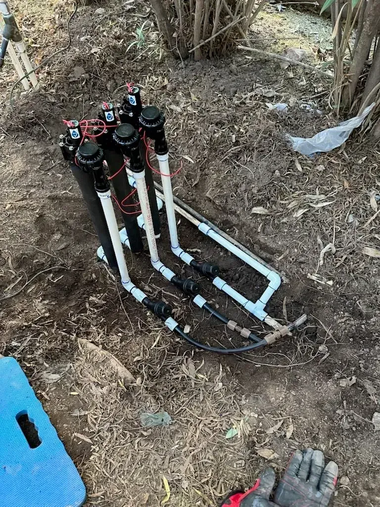 Irrigation system with black valve box, white PVC pipes, and sprinklers in a garden setting.