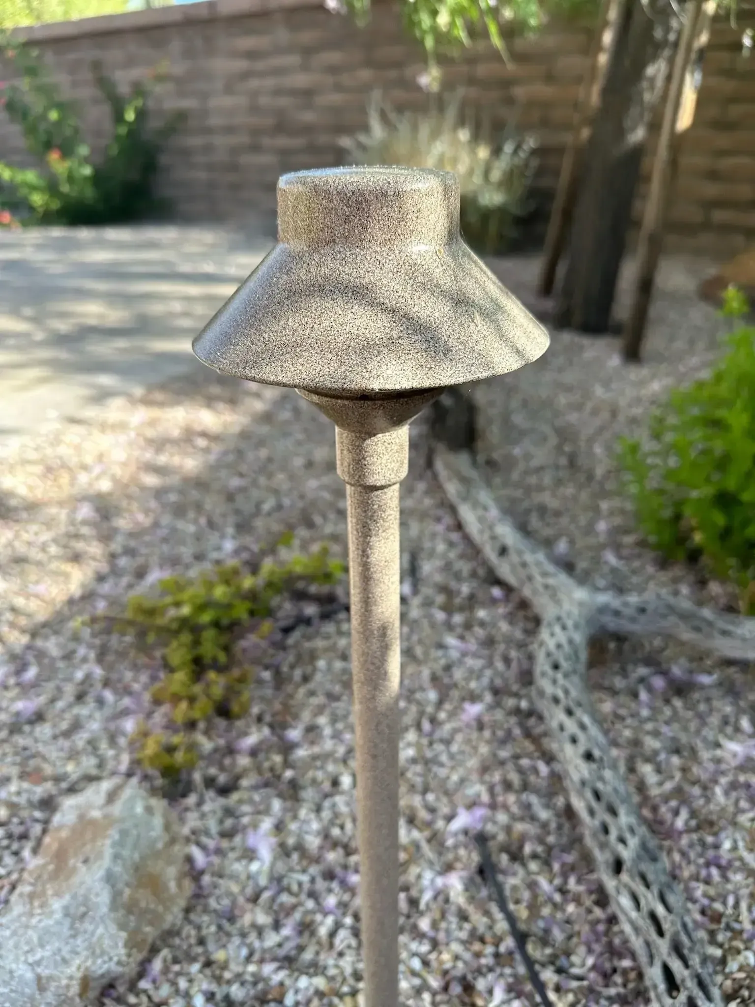 Bronze outdoor landscape light in a garden setting.