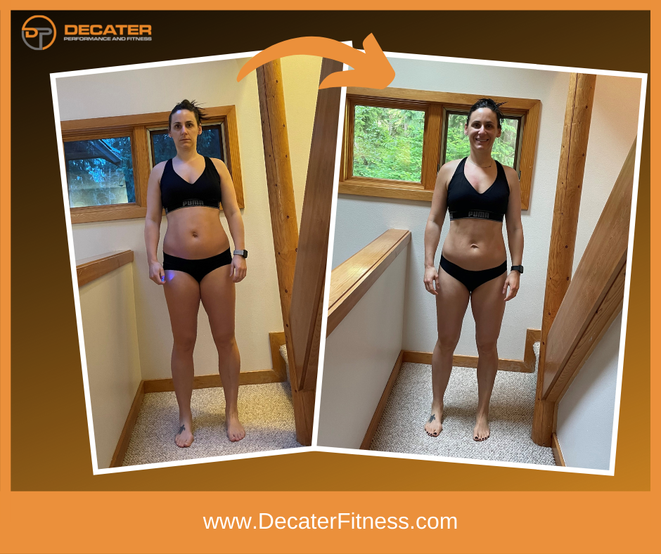 Before-and-after weight loss photos of a woman standing in a stairwell. She's in workout attire and smiling.