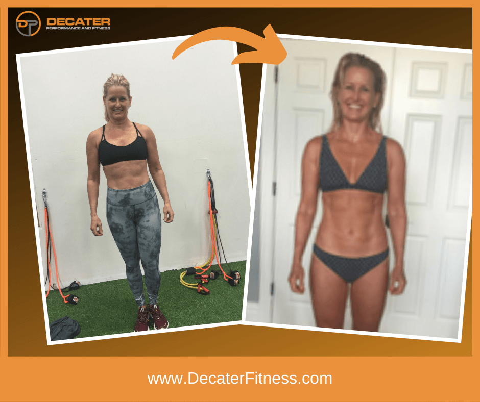 Woman's fitness transformation. Before: wearing leggings, in gym. After: bikini, toned body. Orange banner with logo.