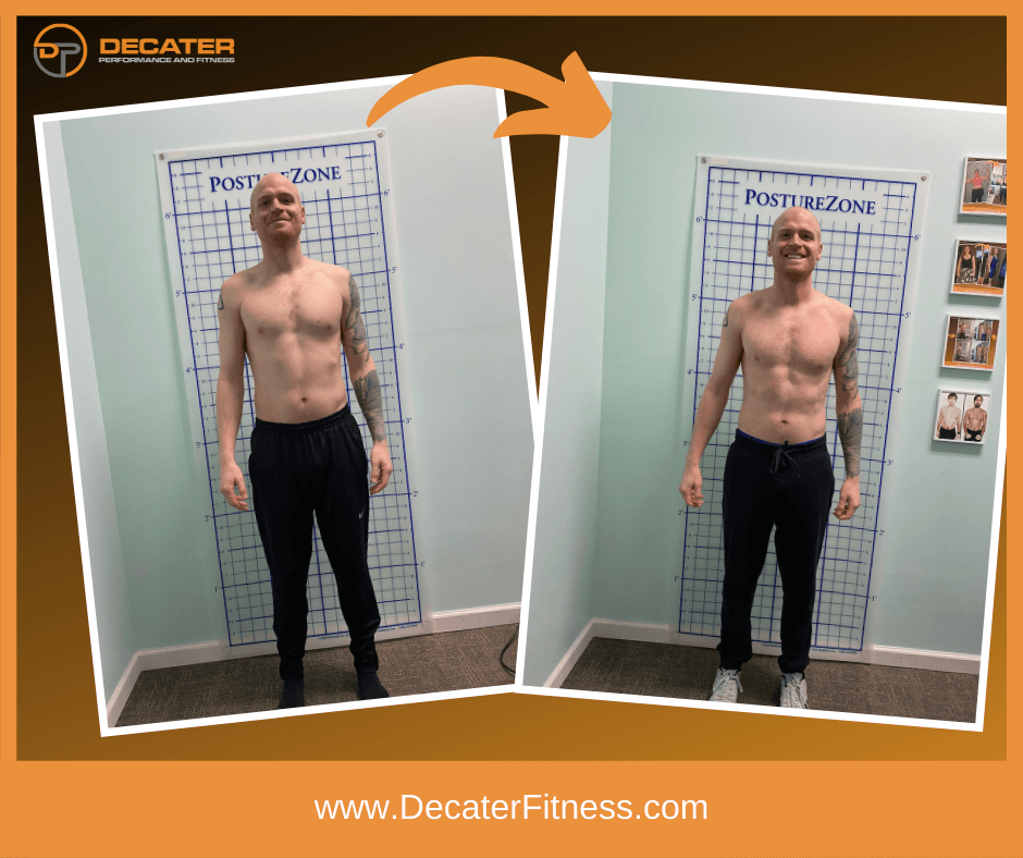 Before and after of a man with weight loss. The man stands in front of a wall with a posture guide.
