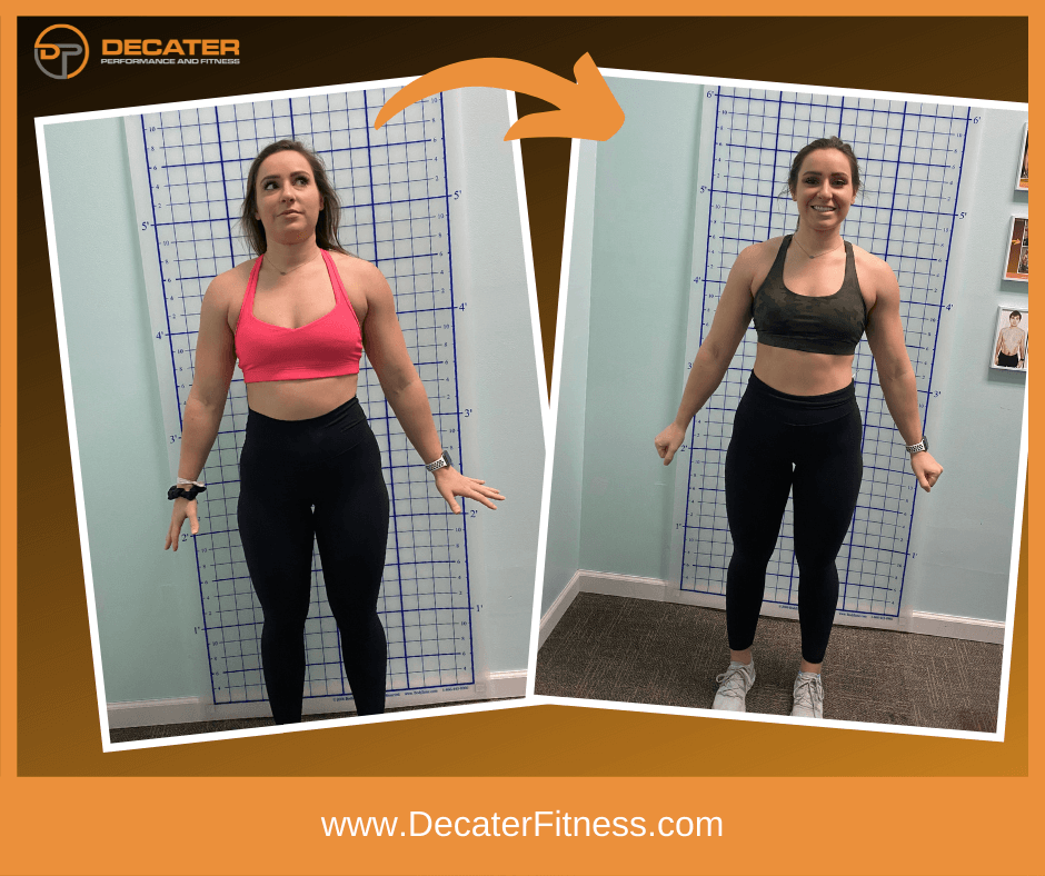 Woman's before/after fitness progress.  In a room, smiling in athletic wear. Pink top to camo, muscular legs.