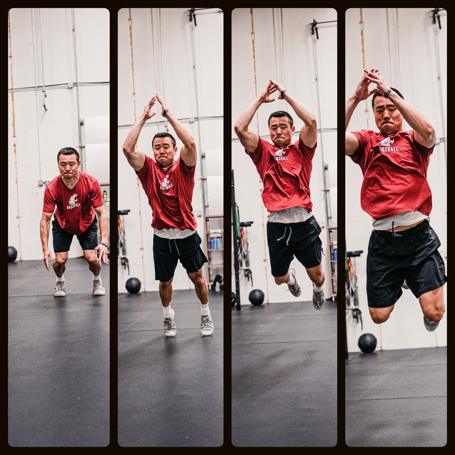 Man in red shirt jumps and reaches overhead in a gym, shown in four sequential panels